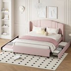 Letto a piattaforma Queen in lino con letto estraibile e 2 cassetti, nessuna rete a molle necessaria