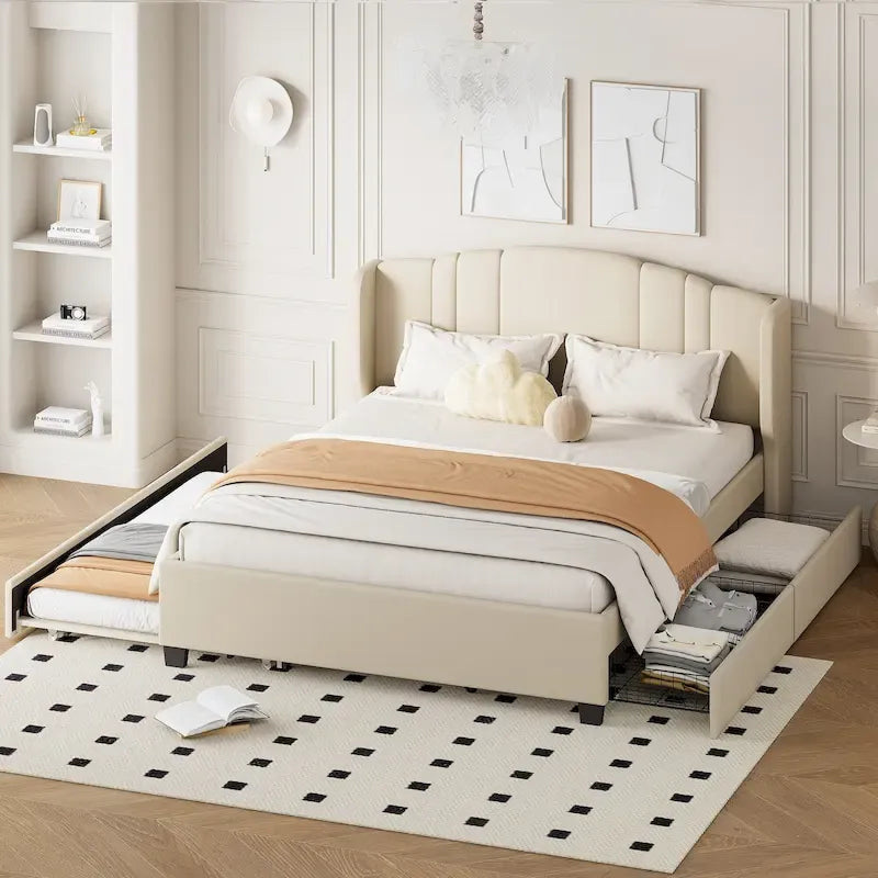 Letto a piattaforma Queen in lino con letto estraibile e 2 cassetti, nessuna rete a molle necessaria