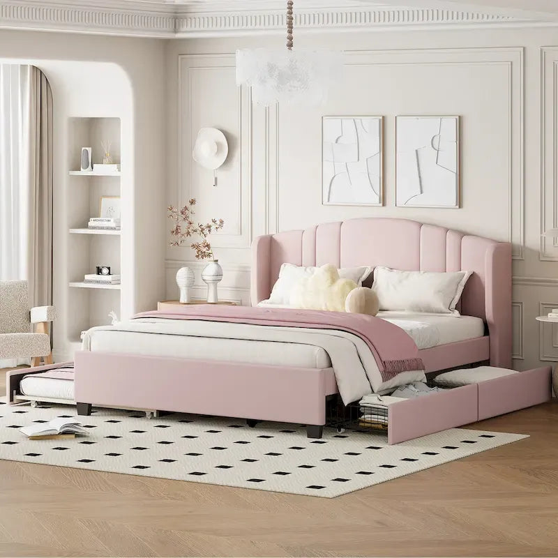Letto a piattaforma Queen in lino con letto estraibile e 2 cassetti, nessuna rete a molle necessaria