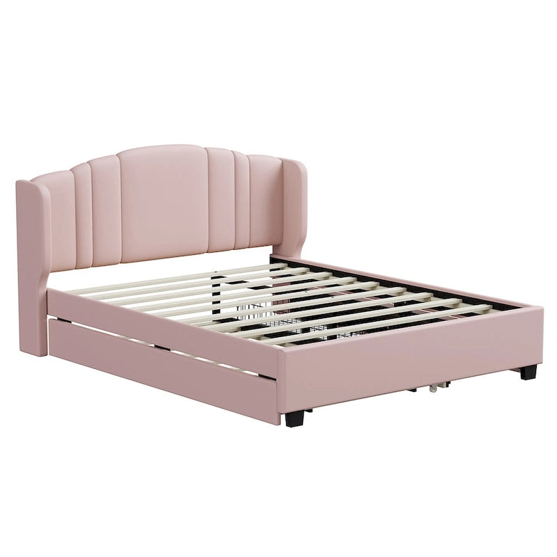 Letto a piattaforma Queen in lino con letto estraibile e 2 cassetti, nessuna rete a molle necessaria