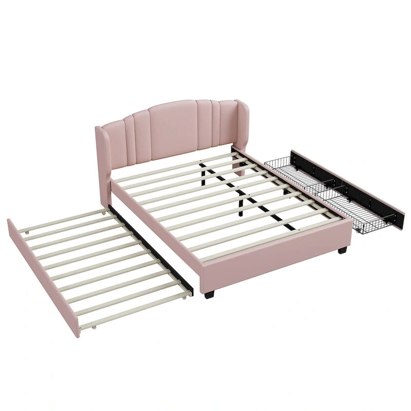 Letto a piattaforma Queen in lino con letto estraibile e 2 cassetti, nessuna rete a molle necessaria