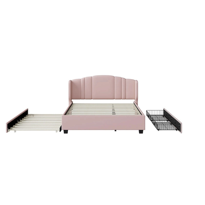Letto a piattaforma Queen in lino con letto estraibile e 2 cassetti, nessuna rete a molle necessaria