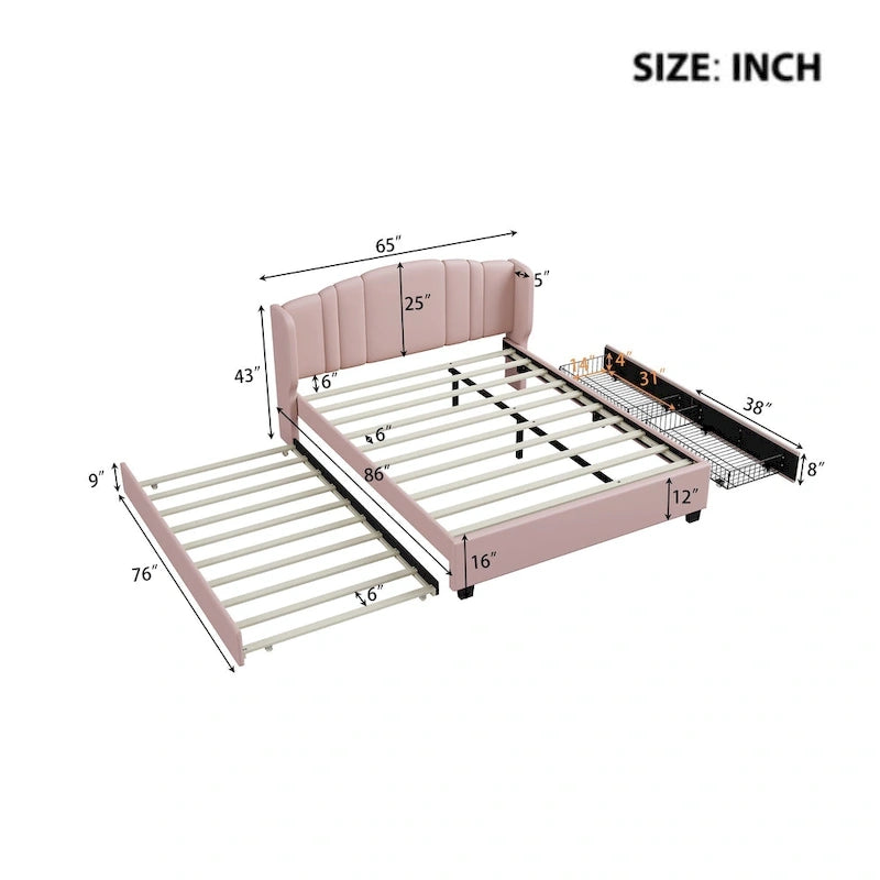 Letto a piattaforma Queen in lino con letto estraibile e 2 cassetti, nessuna rete a molle necessaria