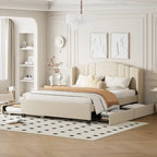 Letto a piattaforma Queen in lino con letto estraibile e 2 cassetti, nessuna rete a molle necessaria