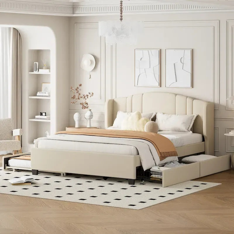 Letto a piattaforma Queen in lino con letto estraibile e 2 cassetti, nessuna rete a molle necessaria