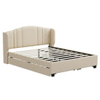 Letto a piattaforma Queen in lino con letto estraibile e 2 cassetti, nessuna rete a molle necessaria