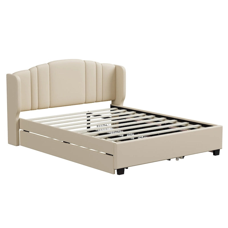 Letto a piattaforma Queen in lino con letto estraibile e 2 cassetti, nessuna rete a molle necessaria