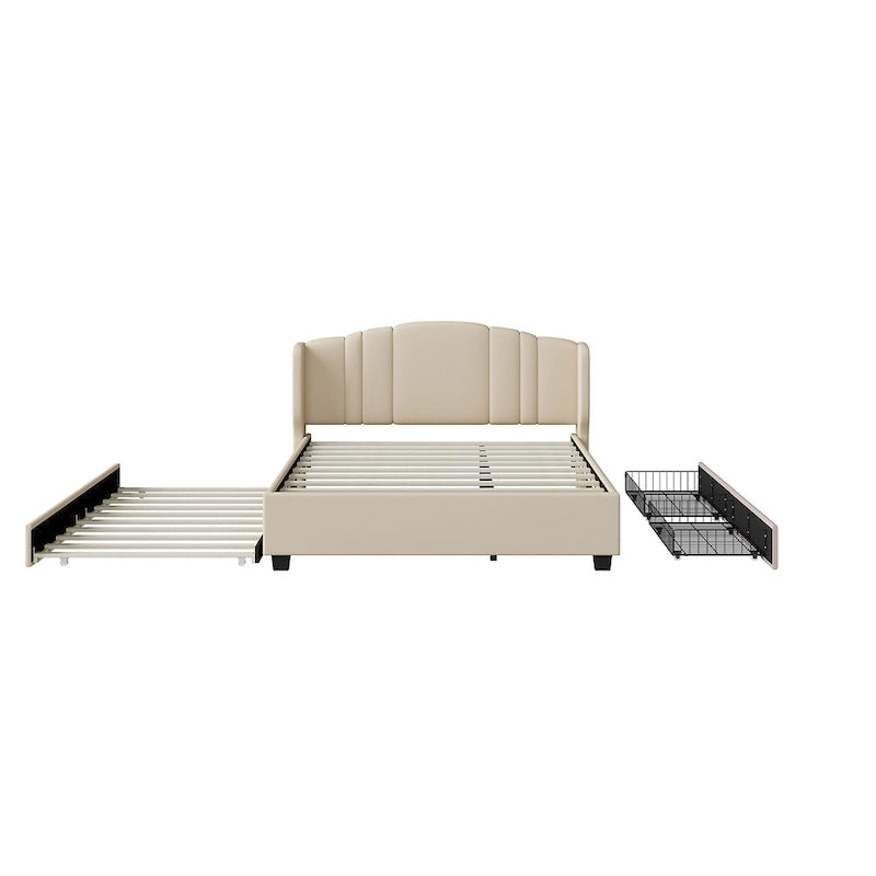 Letto a piattaforma Queen in lino con letto estraibile e 2 cassetti, nessuna rete a molle necessaria