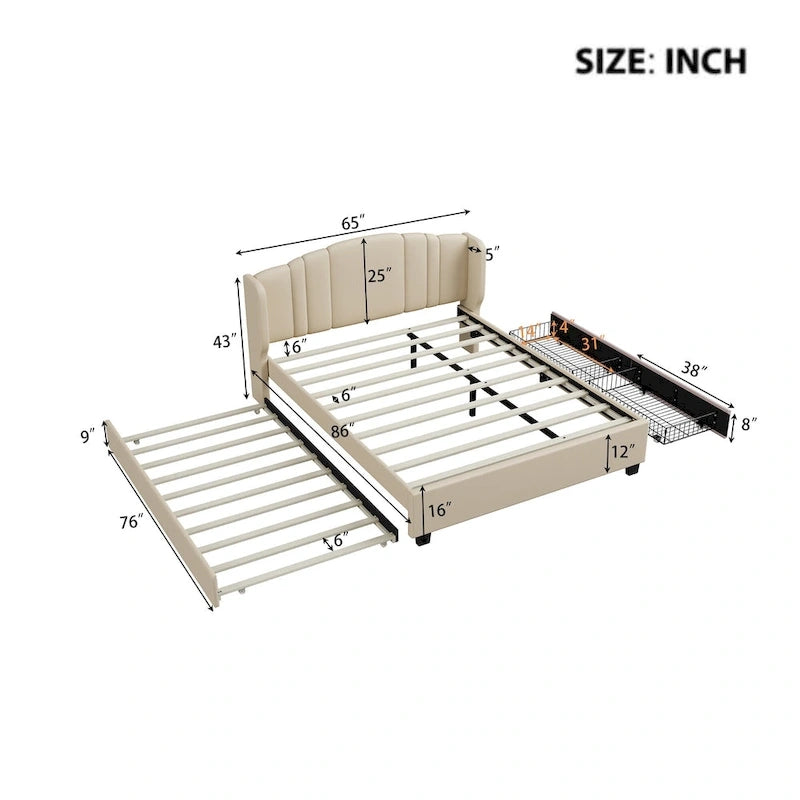 Letto a piattaforma Queen in lino con letto estraibile e 2 cassetti, nessuna rete a molle necessaria