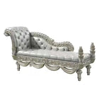 Dove Chaise Bench, Beige Faux Leather, Champagne Finished Wood 82 Inch