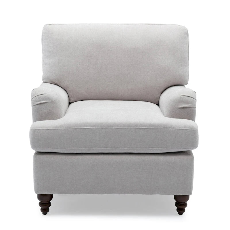 Poltrona con braccioli arrotolati, morbida sedia di design con gambe in legno per soggiorno