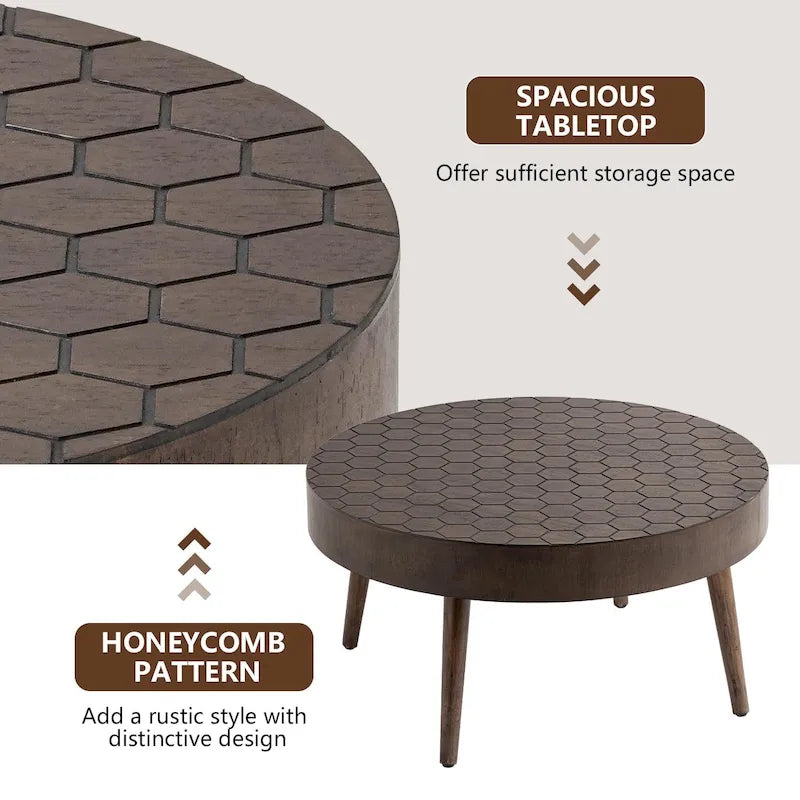 Tavolino da caffè rotondo in legno massello marrone rustico con gambe moderne in stile metà secolo