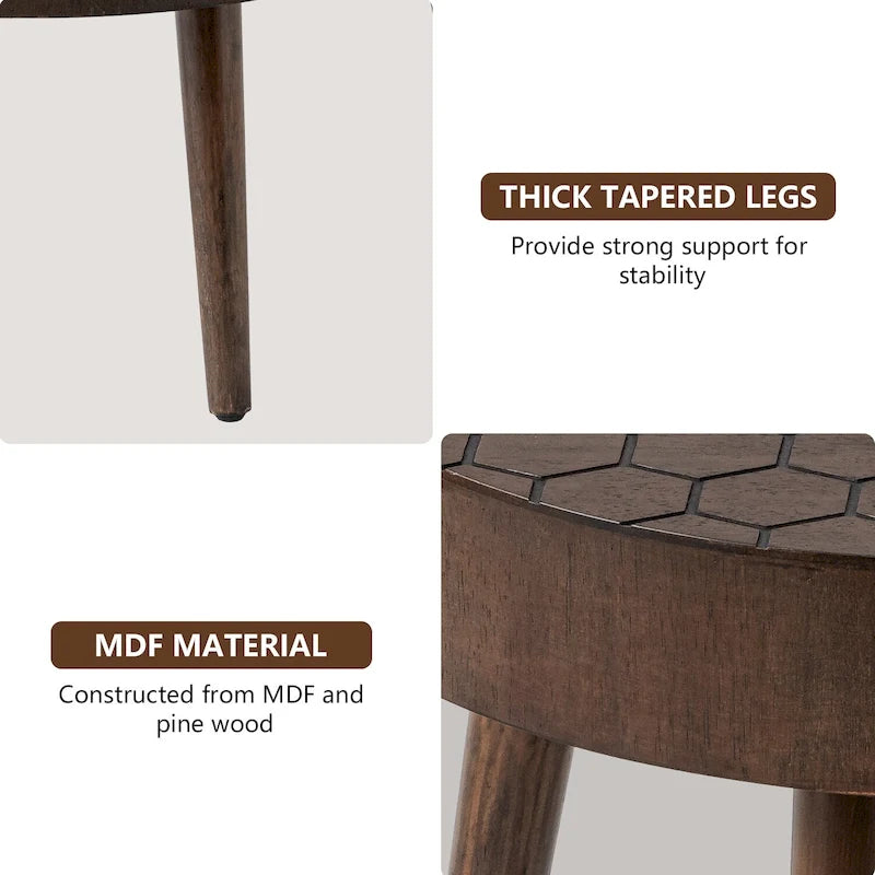Tavolino da caffè rotondo in legno massello marrone rustico con gambe moderne in stile metà secolo