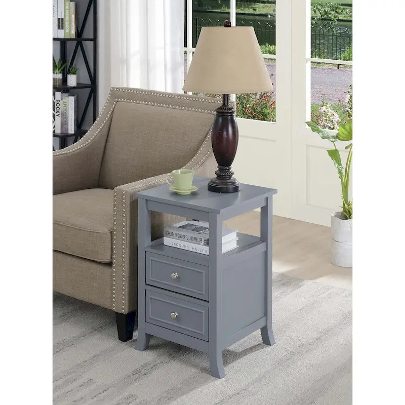 Tavolino laterale con 2 cassetti e ripiano, gambe a sciabola, disponibile in diversi colori