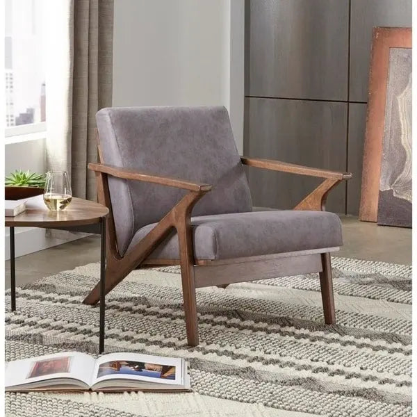 Poltrona decorativa moderna di metà secolo con struttura in legno di rubberwood, pelle vegana e bouclé