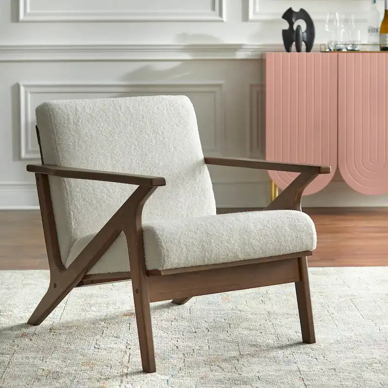 Poltrona decorativa moderna di metà secolo con struttura in legno di rubberwood, pelle vegana e bouclé