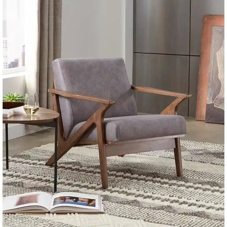 Poltrona decorativa moderna di metà secolo con struttura in legno di rubberwood, pelle vegana e bouclé