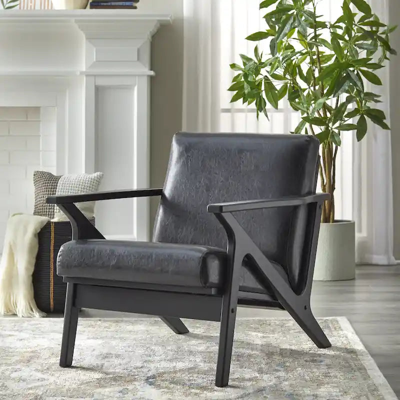 Poltrona decorativa moderna di metà secolo con struttura in legno di rubberwood, pelle vegana e bouclé