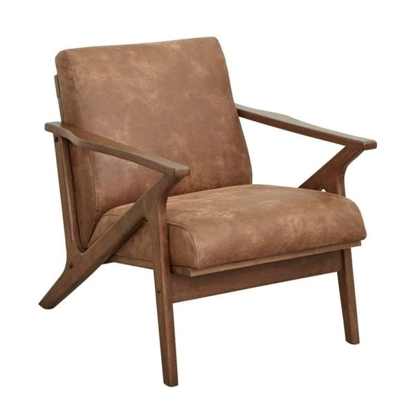 Poltrona decorativa moderna di metà secolo con struttura in legno di rubberwood, pelle vegana e bouclé