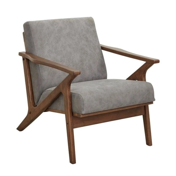 Poltrona decorativa moderna di metà secolo con struttura in legno di rubberwood, pelle vegana e bouclé