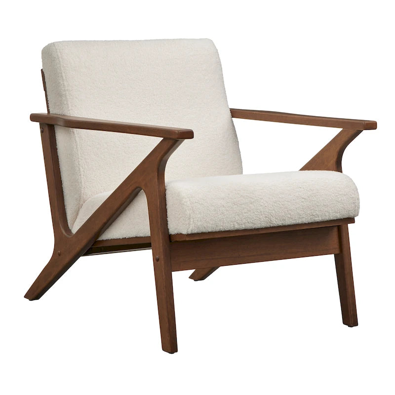 Poltrona decorativa moderna di metà secolo con struttura in legno di rubberwood, pelle vegana e bouclé