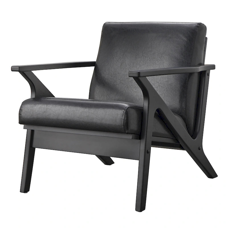 Poltrona decorativa moderna di metà secolo con struttura in legno di rubberwood, pelle vegana e bouclé