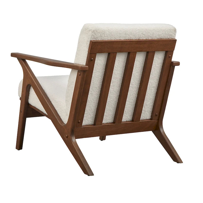 Poltrona decorativa moderna di metà secolo con struttura in legno di rubberwood, pelle vegana e bouclé