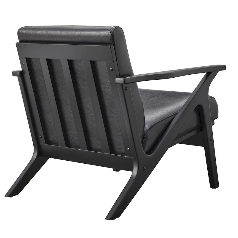 Poltrona decorativa moderna di metà secolo con struttura in legno di rubberwood, pelle vegana e bouclé