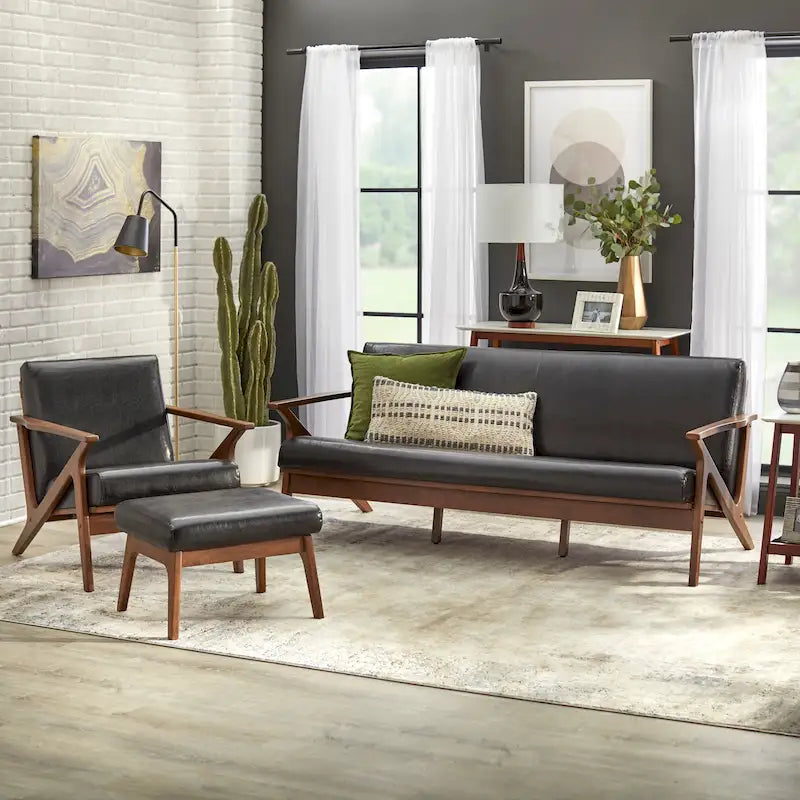 Poltrona decorativa moderna di metà secolo con struttura in legno di rubberwood, pelle vegana e bouclé