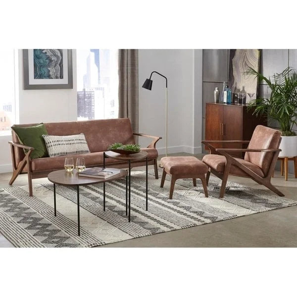 Poltrona decorativa moderna di metà secolo con struttura in legno di rubberwood, pelle vegana e bouclé