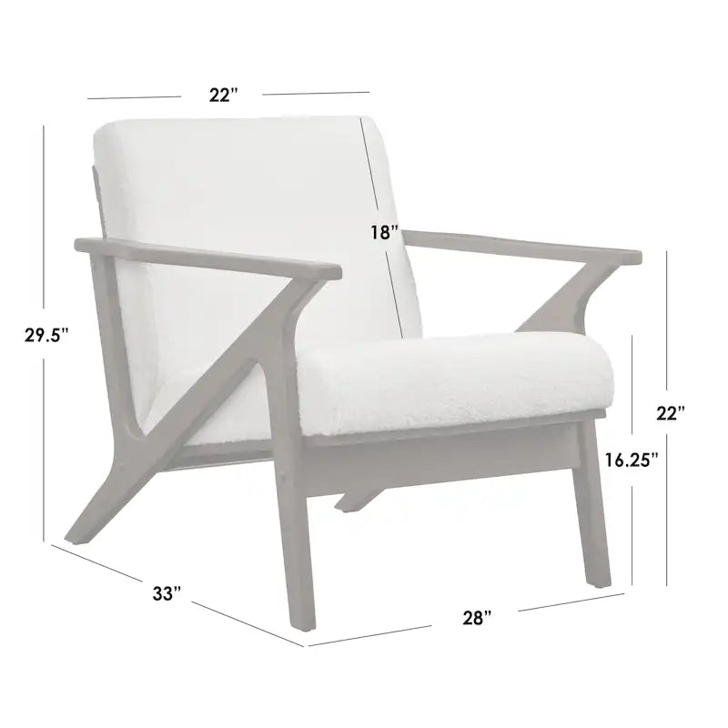 Poltrona decorativa moderna di metà secolo con struttura in legno di rubberwood, pelle vegana e bouclé