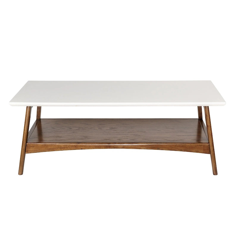 Tavolino da caffè in legno color bianco sporco, stile metà secolo, con ripiano contenitore inferiore