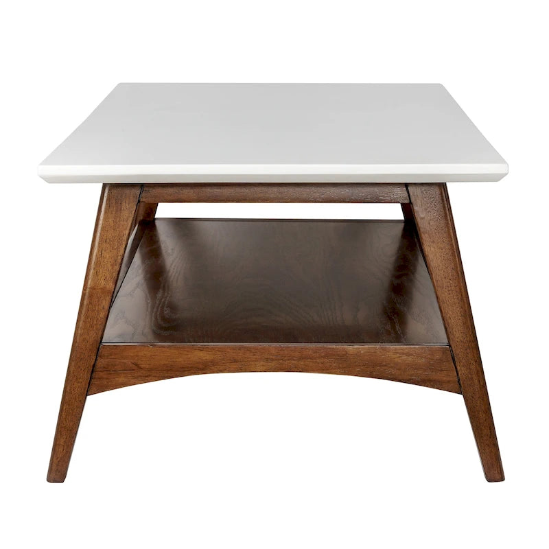 Tavolino da caffè in legno color bianco sporco, stile metà secolo, con ripiano contenitore inferiore