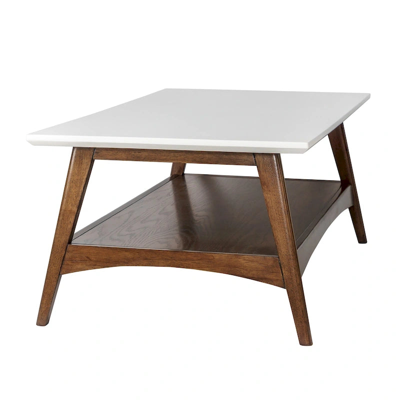Tavolino da caffè in legno color bianco sporco, stile metà secolo, con ripiano contenitore inferiore