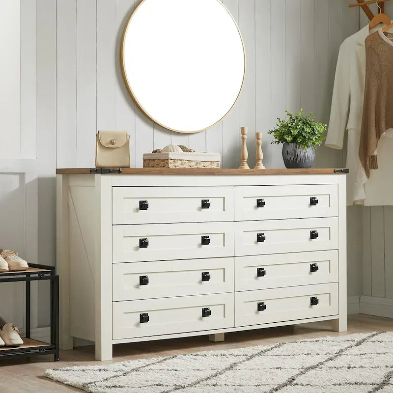 Ampia cassettiera rustica da fattoria a 8 cassetti, bianco anticato con piano in legno