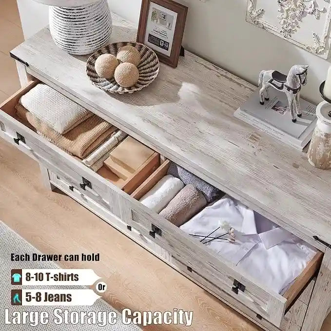 Ampia cassettiera rustica da fattoria a 8 cassetti, bianco anticato con piano in legno
