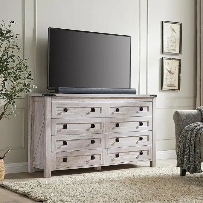 Ampia cassettiera rustica da fattoria a 8 cassetti, bianco anticato con piano in legno