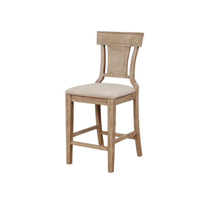 Sgabello da bancone in stile rustico con schienale in rattan intrecciato a mano e seduta imbottita, effetto legno grigio e bianco