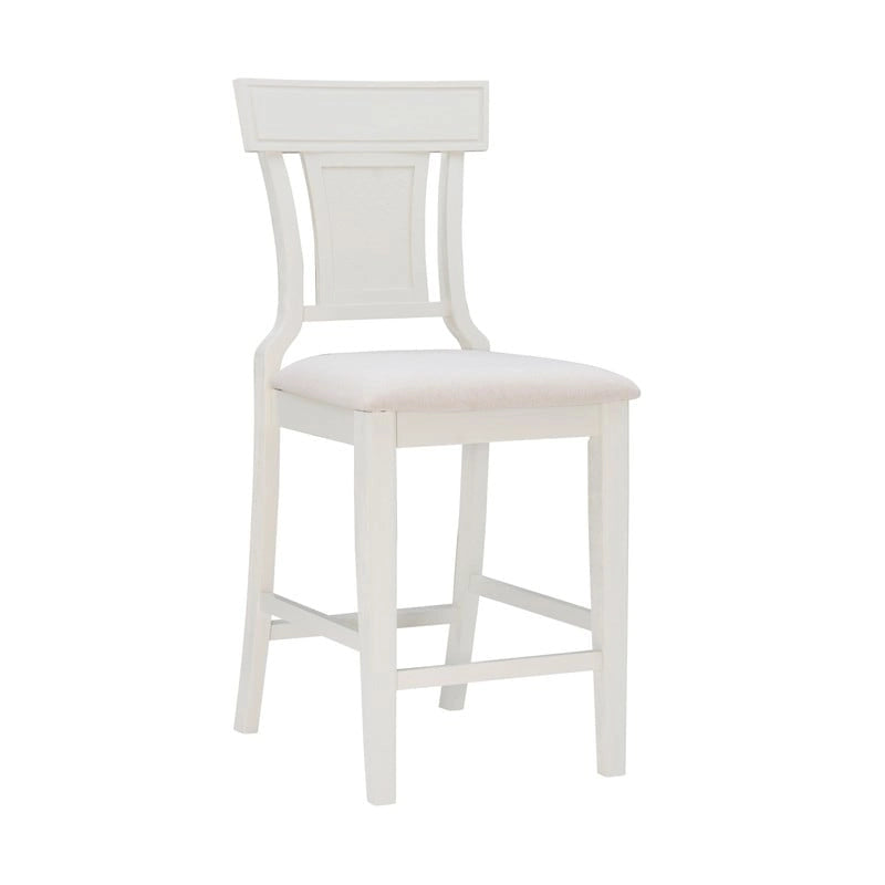 Sgabello da bancone in stile rustico con schienale in rattan intrecciato a mano e seduta imbottita, effetto legno grigio e bianco
