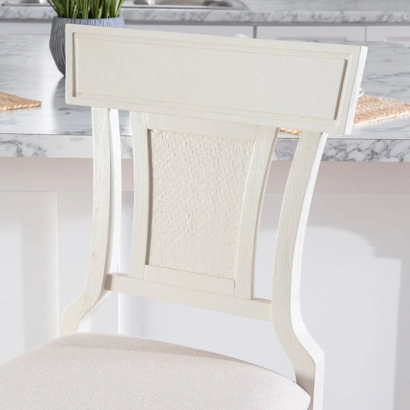 Sgabello da bancone in stile rustico con schienale in rattan intrecciato a mano e seduta imbottita, effetto legno grigio e bianco