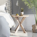 Tavolino rotondo con gambe a croce Farmhouse, finitura grigio vintage, base a cavalletto