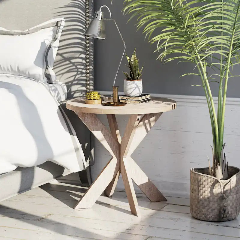 Tavolino rotondo con gambe a croce Farmhouse, finitura grigio vintage, base a cavalletto