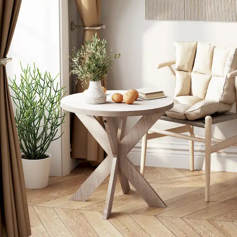 Tavolino rotondo con gambe a croce Farmhouse, finitura grigio vintage, base a cavalletto