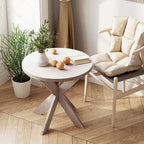 Tavolino rotondo con gambe a croce Farmhouse, finitura grigio vintage, base a cavalletto