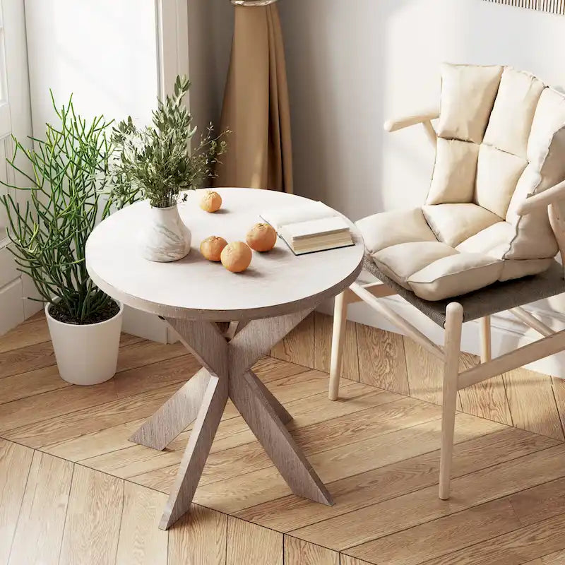 Tavolino rotondo con gambe a croce Farmhouse, finitura grigio vintage, base a cavalletto