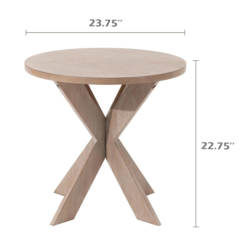 Tavolino rotondo con gambe a croce Farmhouse, finitura grigio vintage, base a cavalletto