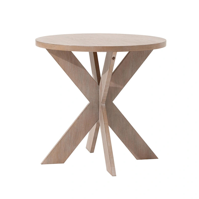Tavolino rotondo con gambe a croce Farmhouse, finitura grigio vintage, base a cavalletto