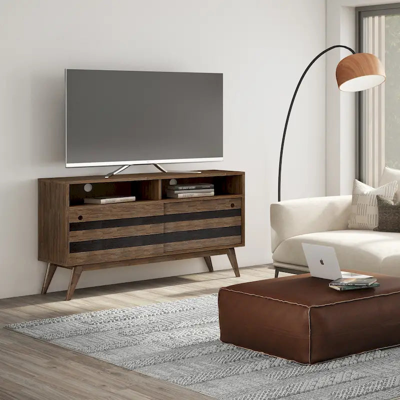 Mobile TV in legno massello di acacia da 54 pollici, rustico moderno di metà secolo, marrone naturale