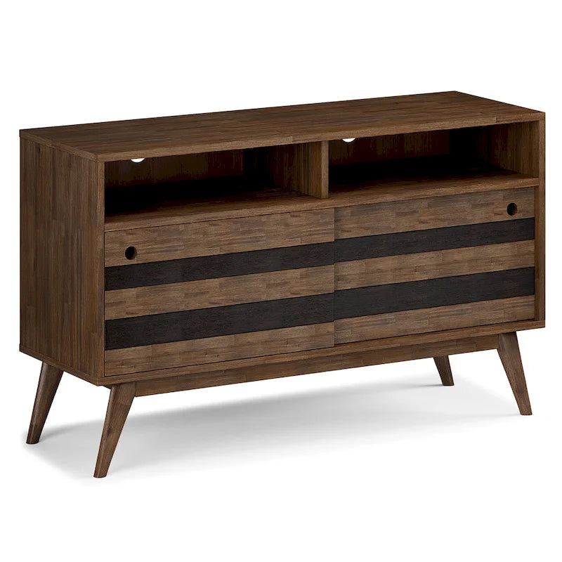 Mobile TV in legno massello di acacia da 54 pollici, rustico moderno di metà secolo, marrone naturale