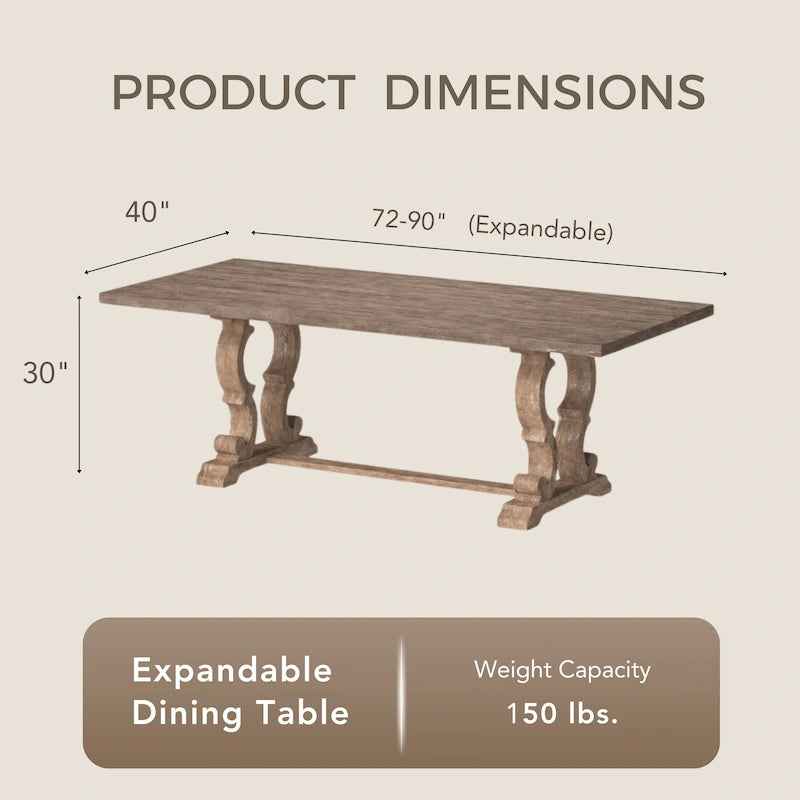 Tavolo da pranzo rustico in legno allungabile con base a cavalletto intagliata, tonalità naturale